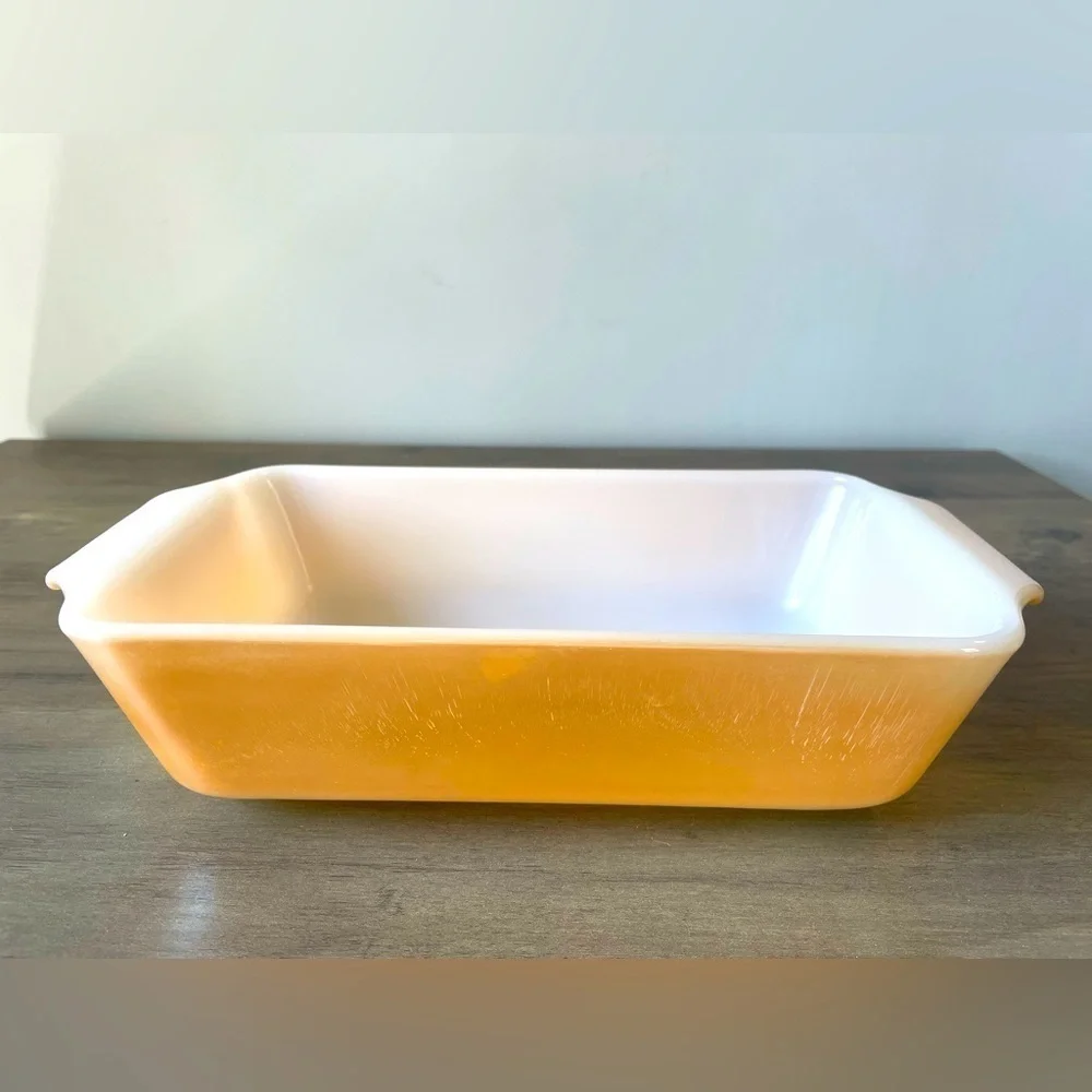 Anchor Hocking FireKing glass bread pan, carnival glass orange color, vintage